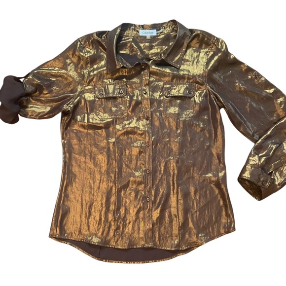 Calvin Klein Women’s Liquid Bronze Shimmer Metallic Button Down Shirt Size L Fun - Picture 11 of 15